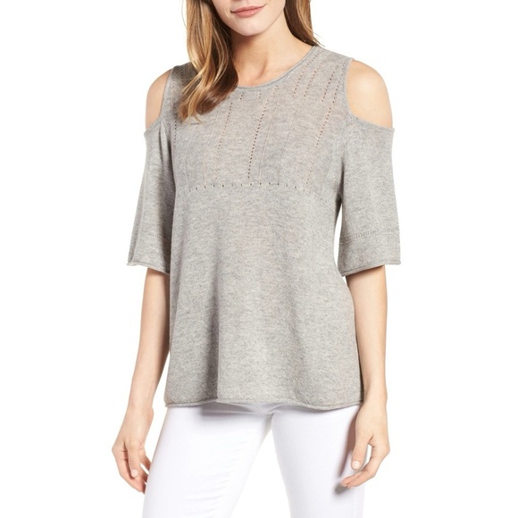 Velvet • Wool Blend Cold Shoulder Sweater heather grey cashmere knit pullover - Picture 1 of 12